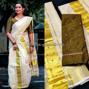 Beads work Tissue Set Mundu with Blouse Material / Kerala traditional women clothing/ Handmade designs/Vishu Special Dress image 2