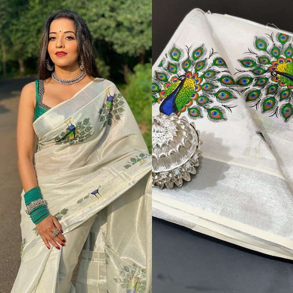 Kerala traditioneller Silber Tissue Peacock Saree, schöne Kerala-Designs, Onam Saree, Kerala Saree, Festival, Geburtstag, Eheanlässe