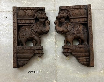 Hölzernes handgeschnitztes Wandhalterungspaar, hölzerner Elefant mit hängendem Haken, Corbel Paar, Türeingang des Hauses