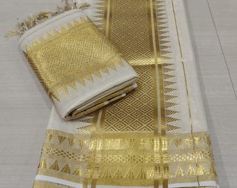 Kerala Braut-Set aus goldenem Seidenpapier, Mundu mit Quasten, 2,80 / Genähte oder ungenähte Bluse / Traditionell indisch / Handgefertigte Designs / Vishu / Onam