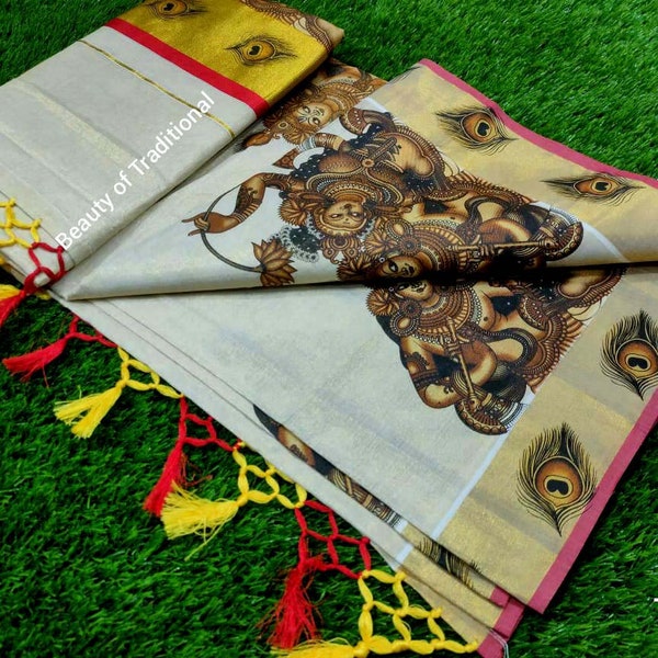 Kerala Tissue Mural Work Kunjalam Saree / Indian traditional women clothing/ Handmade designs
