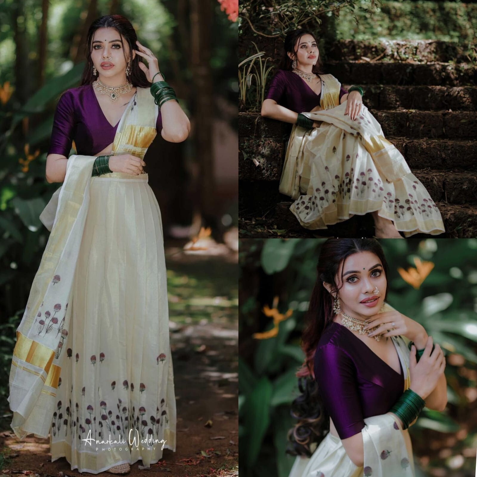 Kerala Vadamali Golden Tissue Davani With Grape Blouse Material, Onam, Vishu, Dhavani,Lehanka,Wedding,Pooja,Festival.