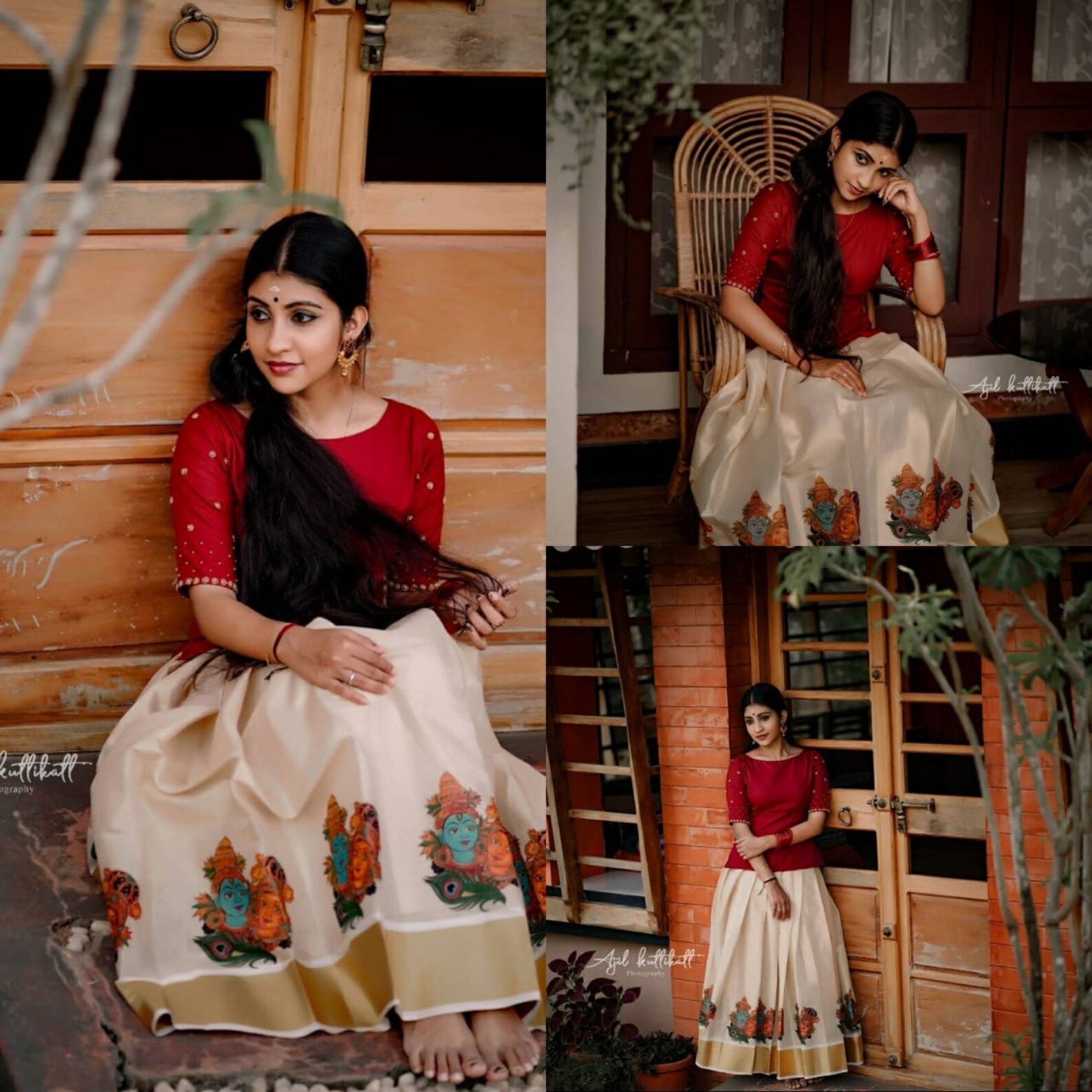 Peacock hand mural painting kerala tissue pavada lehenga - womens main image 1