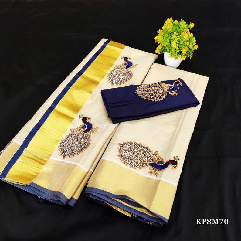 Kerala Tissue Set Mundu/ Set saree with Blouse Material / Ready to Wear Blouse /Traditional women clothing/ Handmade designs/Onam, Vishu KPSM70