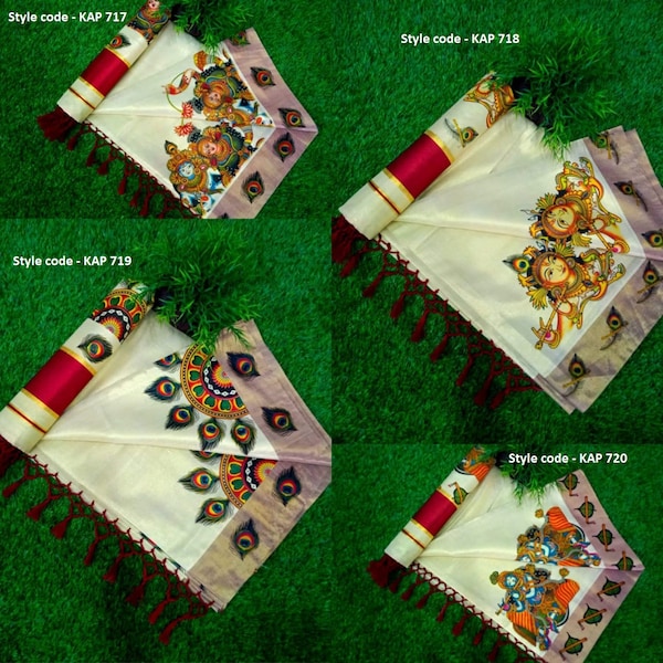 Kerala Traditional Golden Tissue Kunjalam Mural Printed Set Sari with stitched Blouse or Blouse Material, Kerala Saree, Onam Dress