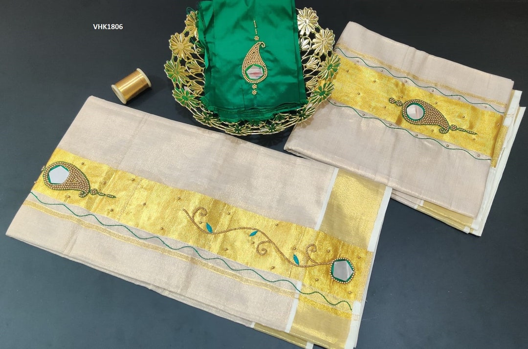 Kerala Heavy Beed Mirror Work Tissue Set Mundu With Matching Etsy