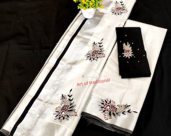 Silver Tissue Set Mundu with Blouse Material /Ready to wear Blouse/Kerala traditional women clothing/ Handmade desig/Onam/Christmas/New year