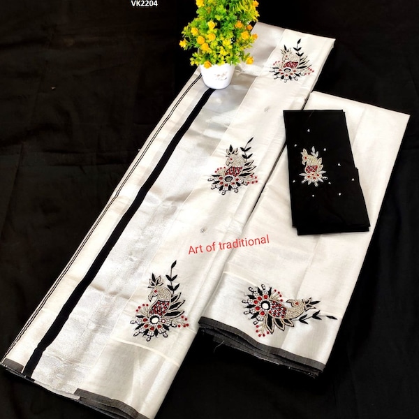 Silver Tissue Set Mundu with Blouse Material /Ready to wear Blouse/Kerala traditional women clothing/ Handmade desig/Onam/Christmas/New year