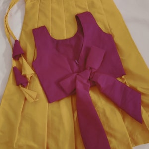Baby Girls Onam Art Silk Pattu Dress with Puff Sleeves & Golden Zari Border