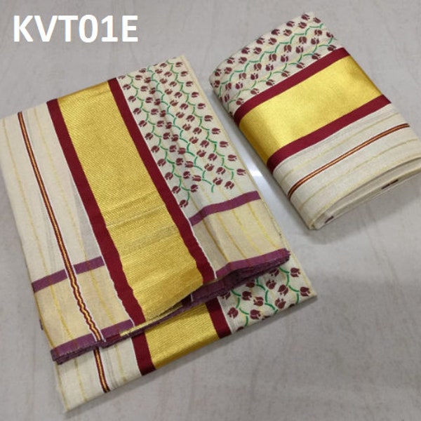 Fancy Tissue Strips  With Rose Printed Set Mundu with Blouse material or ready to wear blouse Kerala, Onam,Vishu,Birthday