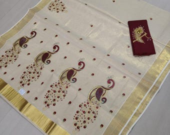 Kerala Spezielles Goldenes Gewebeset Saree mit Stickerei mit genähter Bluse oder Blusenmaterial, Onam, Vishu, traditioneller Saree.