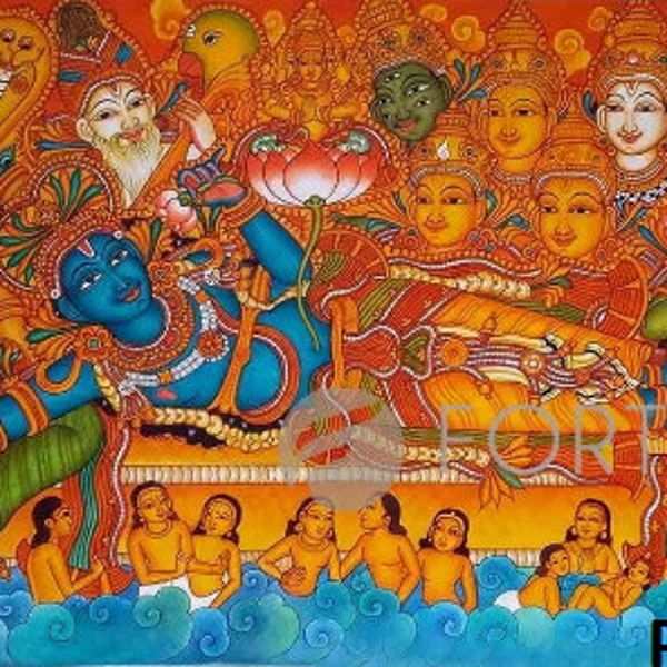 Ananthasayanam Traditional Mural Art Painting -Canvas Rolled Wall Decor, Ananthasayanam Kerala Mural Painting