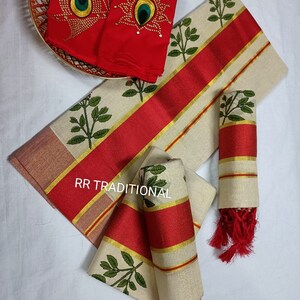 Kerala Traditional Golden Tissue Tulsi Printed Set Mundu With Stitched