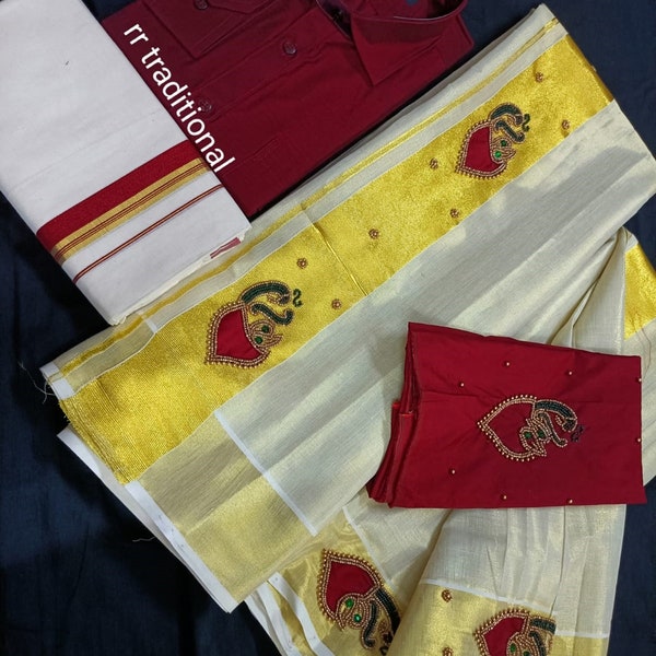 Kerala Golden Tissue hand worked Set Mundu / Set saree with Men's Shirt Dhoti Combo, Onam, Vishu, Pooja, Birth day, Marriage, Onam Special