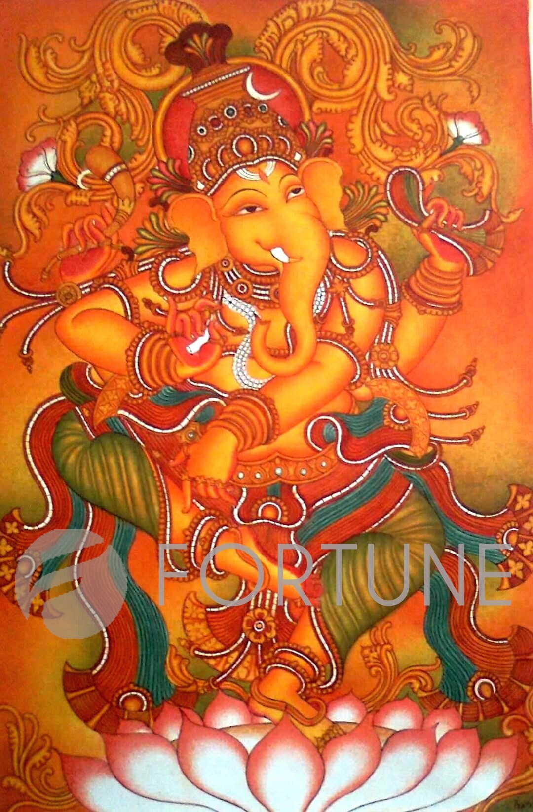 Lord Ganesha Kerala Mural Painting Hand Painted Canvas Rolled Wall 