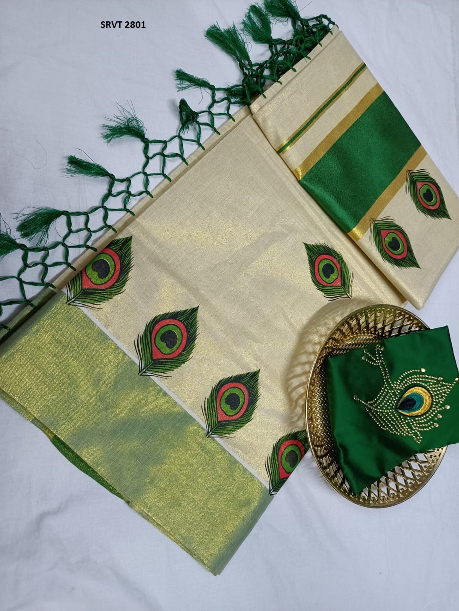 Peacock Feather printed Golden Border Women's Tissue Kerala Set Saree / Indian traditional women clothing/ Handmade design, Vishu Onam wear
