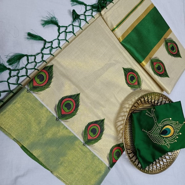 Peacock Feather printed Golden Border Women's Tissue Kerala Set Saree / Indian traditional women clothing/ Handmade design, Vishu Onam wear