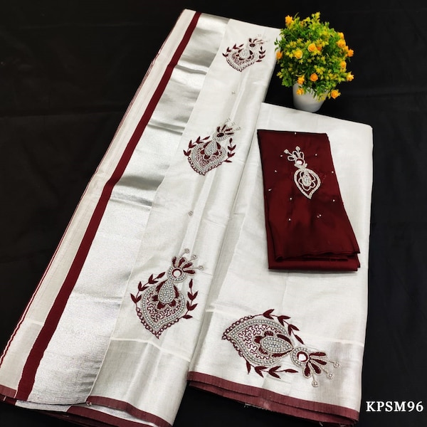 Silver Tissue Set Mundu with Stitched Blouse & Non Stitched Material / Kerala traditional women clothing/Handmade Embroidery, Vishu outfit