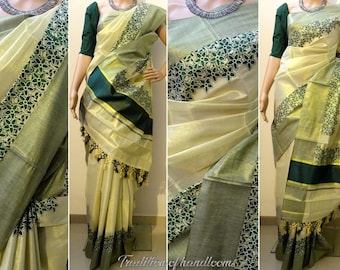 Kerala Traditional  Tissue Kunjalam  Set  Saree with Stitched Blouse / Handmade designs /Indian traditional /Onam, Birthday, Festival