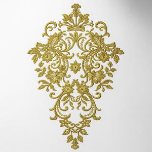 May include: Gold-colored, ornate floral design with a symmetrical pattern. The design features stylized flowers, leaves, and swirling vines, creating a decorative and elegant aesthetic. The design is centered on a white background.