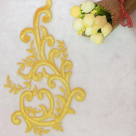 Golden Thread Lace Applique Pair  Handmade Soft Flower Patch for Bridal  Wedding Dress DIY & Repair