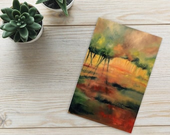 May include: Abstract painting of a forest scene with a yellow, orange, and red sunset in the background. The trees are painted in shades of green and brown.