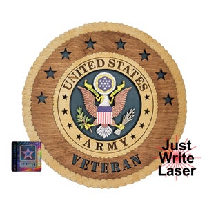 May include: A wooden plaque with a rope border, featuring the United States Army seal with an eagle and the words "United States Army Veteran".