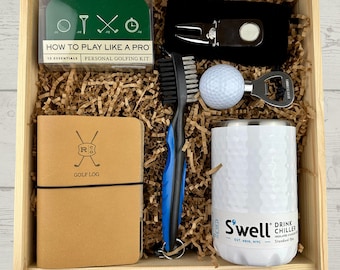 Deluxe Golf Gift Set, Leather Log Book, Can Chiller, Wood Box