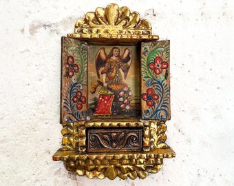 Pala d'altare coloniale • 11,81" x 8,66" • Impressionante pezzo peruviano fatto a mano • Pan de Oro • Decorazione d'epoca per la casa • Artigianato peruviano • Decorazioni da parete rustiche