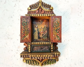 Pala d'altare coloniale della scuola cusqueniana • Impressionante manufatto peruviano • Pan de Oro • Arredamento d'epoca