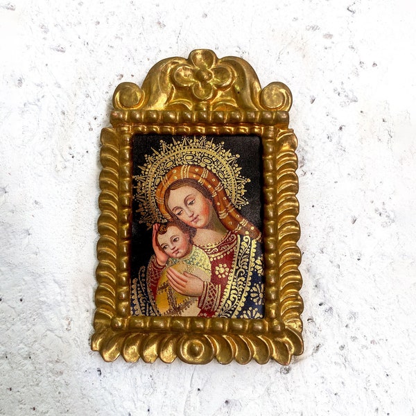 Peruvian colonial art • Impressive Peruvian handmade  • Pan de Oro  • Bronze applications  • Vintage Home decor