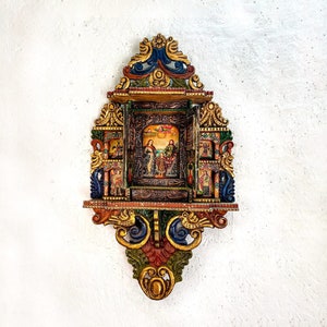 Beautiful colonial altarpiece carved in cedar wood • Peruvian handmade • Escuela Cusqueña