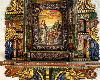 Beautiful colonial altarpiece carved in cedar wood • Peruvian handmade • Escuela Cusqueña