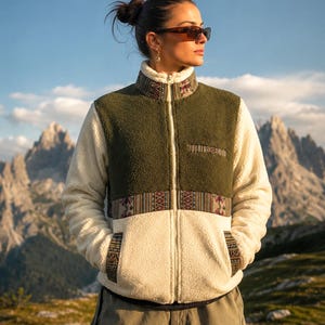 May include: A zip-up fleece jacket featuring a colour-blocked design with olive green and cream-coloured sherpa fabric. The garment includes a high collar, a chest pocket, and two side pockets, all accented with a multi-coloured woven geometric trim.