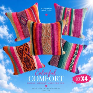 May include: A set of four square cushion covers featuring vibrant, multi-colored striped patterns with woven geometric motifs. The text reads: HANDMADE WITH LOVE, Colorful COMFORT, UNIQUE. VIBRANT. MADE FOR YOU., SET X4, SHOP OUR CUSHION COVERS ON ETSY.