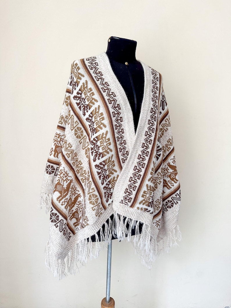Llama Pattern Ruana • Handmade Alpaca Ruana • Peruvian Wool Poncho With ...