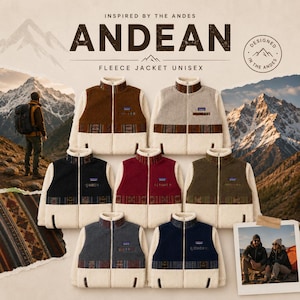 May include: A collection of seven fleece jackets in various colors including brown, beige, black, maroon, olive green, gray, and navy. Each jacket features a cream-colored base, a full-length zipper, and a patterned band across the chest.