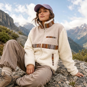 May include: A cream and beige sherpa fleece zip-up jacket featuring a high collar, long sleeves, and a horizontal band with a brown, orange, and white geometric pattern across the chest, pocket trim, and collar, paired with khaki trousers.
