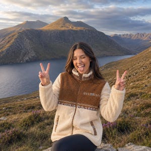 May include: A two-toned fleece jacket featuring a cream-colored body and sleeves with a contrasting brown chest panel. The jacket includes a full-length front zipper, a high collar, and decorative patterned trim along the chest and pockets.