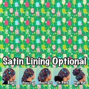 May include: A green background with a repeating pattern of colorful wine bottles and glasses. The text "Satin Lining Optional" is displayed. Below are images of different styles of head coverings, including Euro, Ponytail, Bouffant, Tie Back, and High Bun.