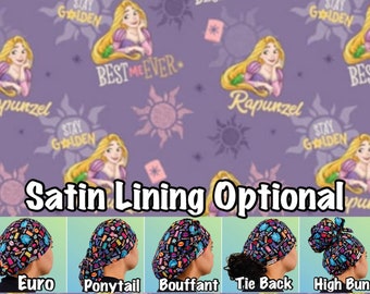 May include: A purple background with a repeating pattern of a cartoon princess with long blonde hair, a sun with rays, and the text "Stay Golden" and "Best Me Ever".  The image shows five different styles of a black and colorful patterned scrub hat: Euro, Ponytail, Bouffant, Tie Back, and High Bun.