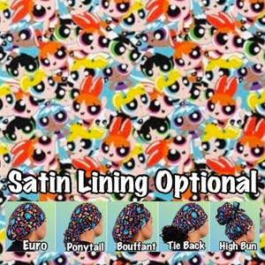 May include: A colorful fabric with a repeating pattern of cartoon girls with big eyes. The fabric is available in five different styles: Euro, Ponytail, Bouffant, Tie Back, and High Bun. The text "Satin Lining Optional" is displayed below the fabric.