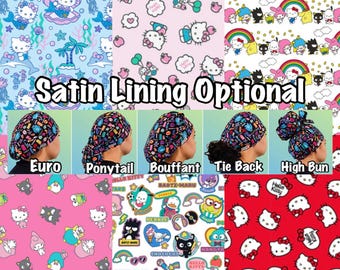 Cartoon kitty Scrub cap with satin lining, ponytail, euro, high bun, bouffant, men’s surgical tie back, women’s silk medical hat, dental cap