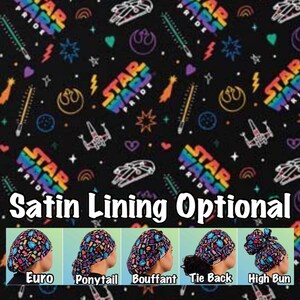 May include: Black fabric with a Star Wars Pride pattern featuring rainbow text and various Star Wars symbols. The image shows different styles of head coverings, including Euro, Ponytail, Bouffant, Tie Back, and High Bun.