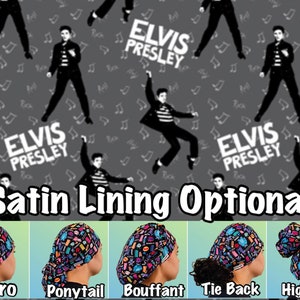 May include: A collection of five scrub caps featuring a black fabric with a colorful, repeating pattern of various icons. The styles include Euro, Ponytail, Bouffant, Tie Back, and High Bun. The background displays Elvis Presley text and silhouettes.