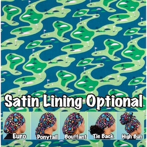 May include: A colorful patterned scrub hat with a green and blue golf course design. The hat is available in five different styles: Euro, Ponytail, Bouffant, Tie Back, and High Bun. Satin lining is optional.