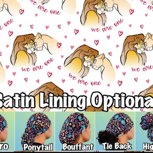 Cartoon Lion Valentines Scrub cap with satin lining, ponytail, euro, high bun, bouffant, men’s surgical tie back, women’s silk medical hat