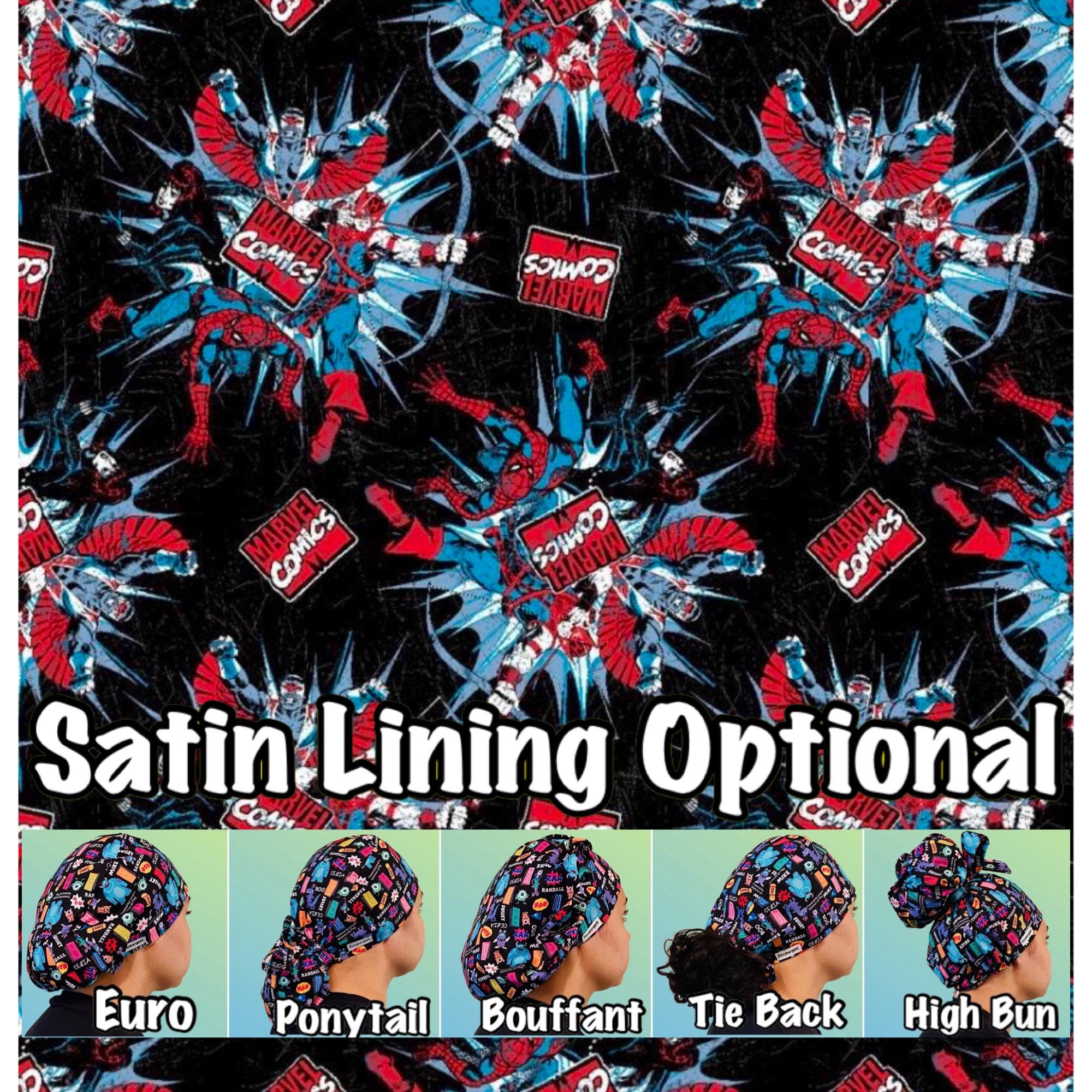 Super hero Scrub cap with satin lining, ponytail, euro, high bun, bouffant, men’s surgical tie back, women’s silk medical hat, Scrub hat