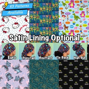 Cartoon Scrub cap with satin lining, ponytail, euro, high bun, bouffant, men’s surgical tie back, women’s silk medical hat image 1