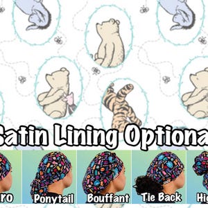 Cartoon bear Scrub cap with satin lining, ponytail, euro, high bun, bouffant, men’s surgical tie back, women’s silk medical hat